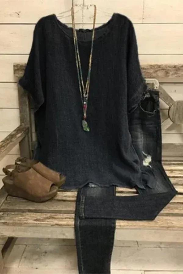 Solid Casual Round Neck Cotton & Linen T-shirt