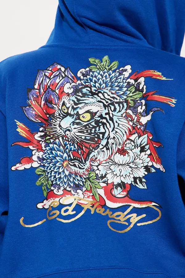 Tiger Lotus Ed Hardy Zip Front Hoodie - CobaltBlue