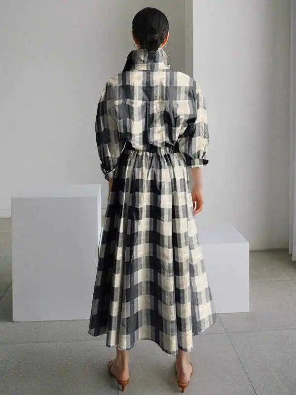 Urban Loose Long Sleeves Plaid Midi Dress Shirt Dress