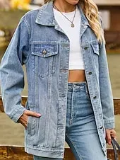 Women's Denim Jacket Outdoor Street Daily Wear Fall Winter Regular Coat Regular Fit Thermal Warm Breathable Stylish Casual Jacket Long Sleeve Solid Color with Pockets Light Blue Black Pink