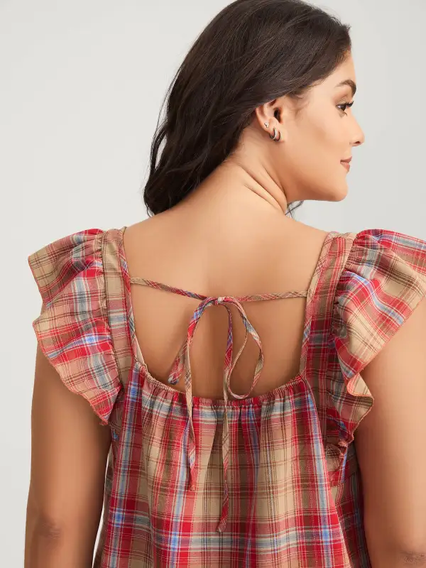 Plaid Print Flutter Sleeve Pleated Blouse