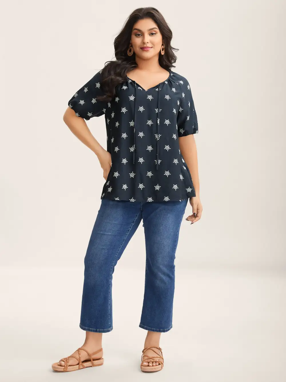 Boho Print Keyhole Pleated Blouse