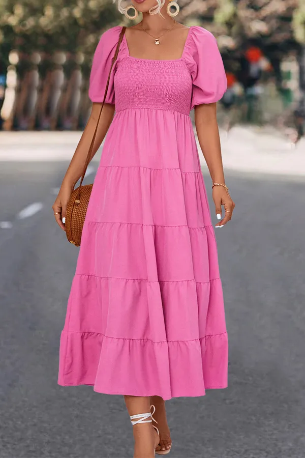 Solid Smocked Puff Sleeve Midi Dress