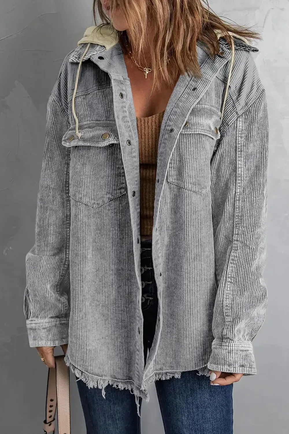 Snap Front Hooded Corduroy Shacket