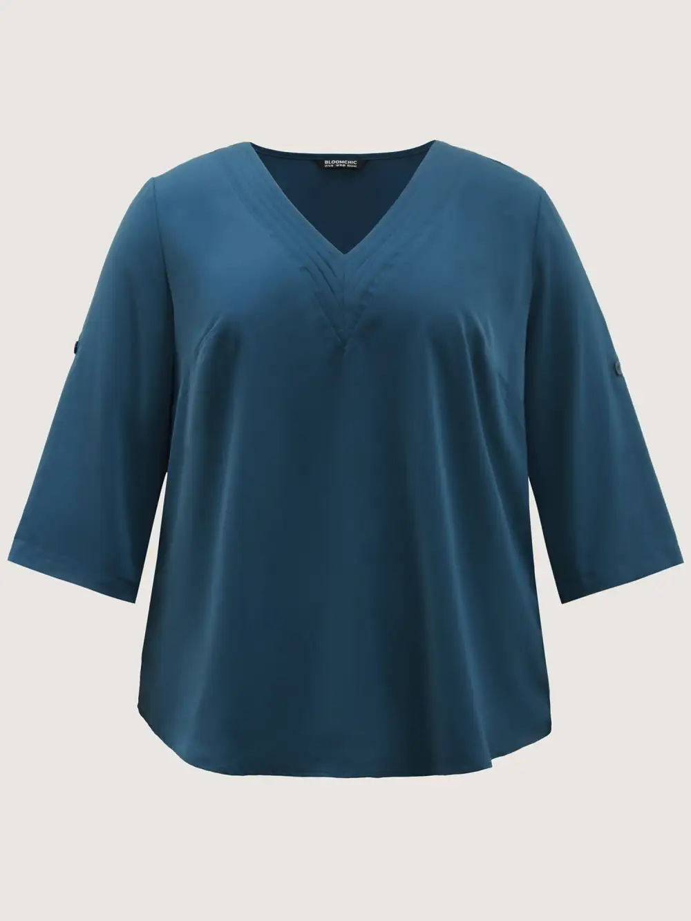 V Neck Plain Pleated Tab Sleeve Blouse