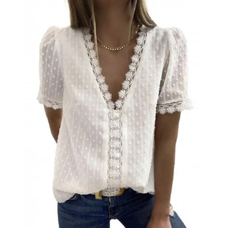 Solid V-Neckline Short Sleeve Blouses