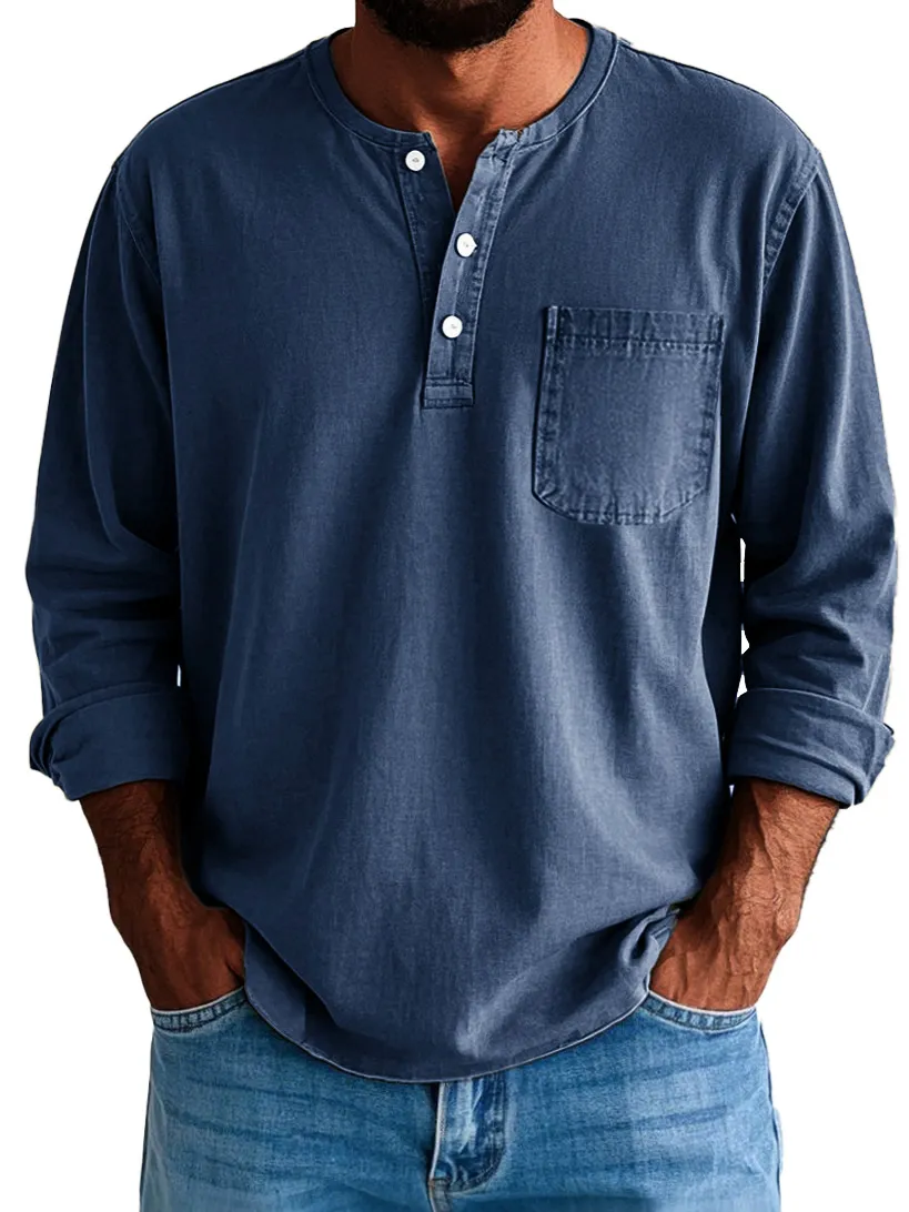 Men's Fashion Vintage Washed Cotton Long Sleeve Pocket Henley Shirt