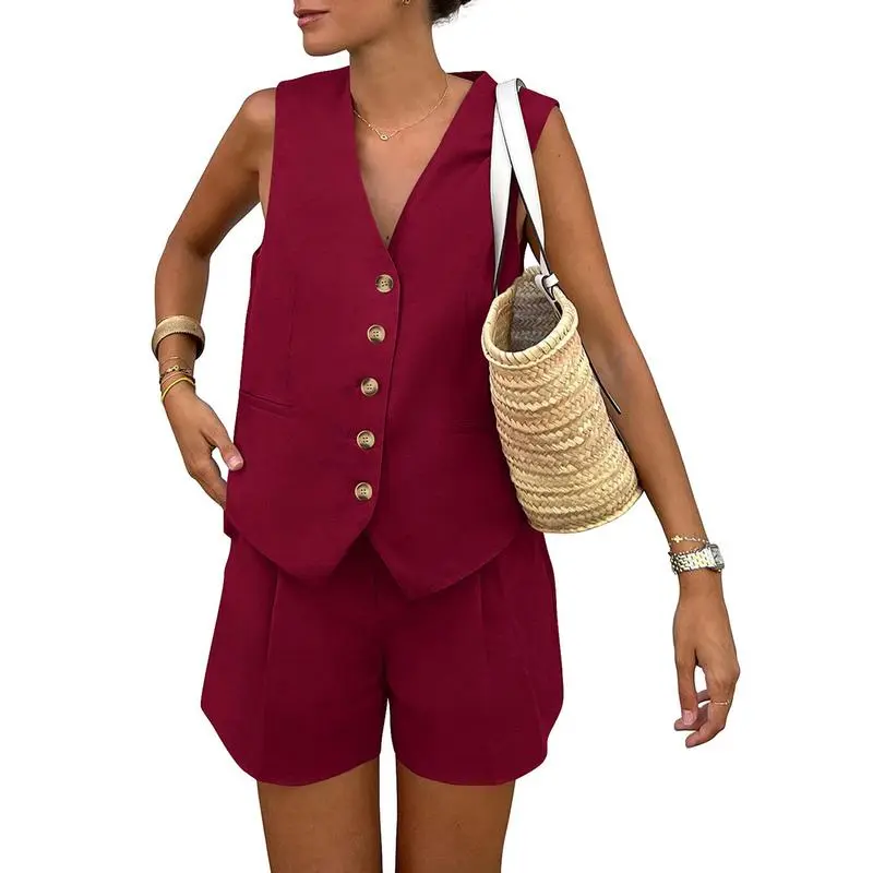Women's 2-Piece Summer Outfit – Sleeveless V-Neck Button Down Top & Shorts Set with Pockets, Minimalist Casual Loungewear