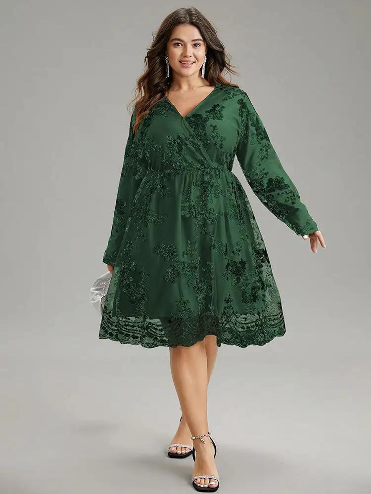 Floral Sequin Elastic Waist Mesh Wrap Dress