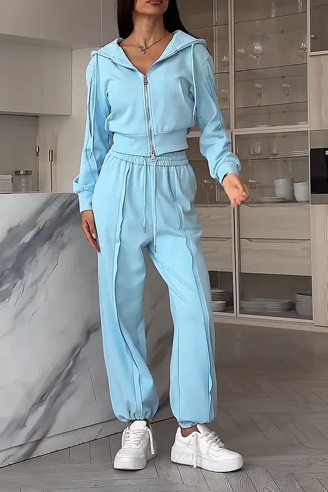 Women's Solid Color Laundry Zipper Jacket & Pants Two Piece Set
