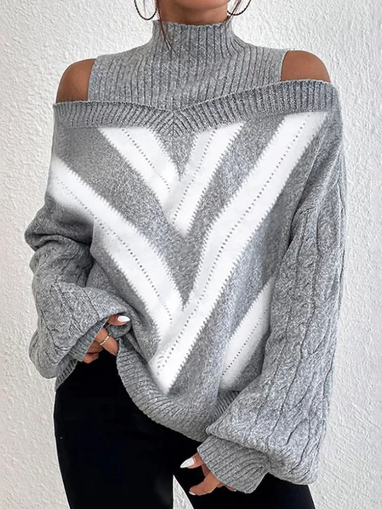 High Collar Geometric Contrast Color Knit Sweater