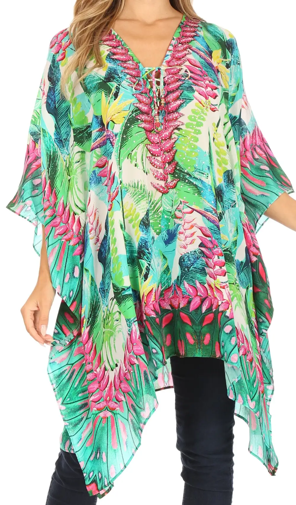 Women's Caftan Poncho Cover up V neck Top Lace up With Rhinestone