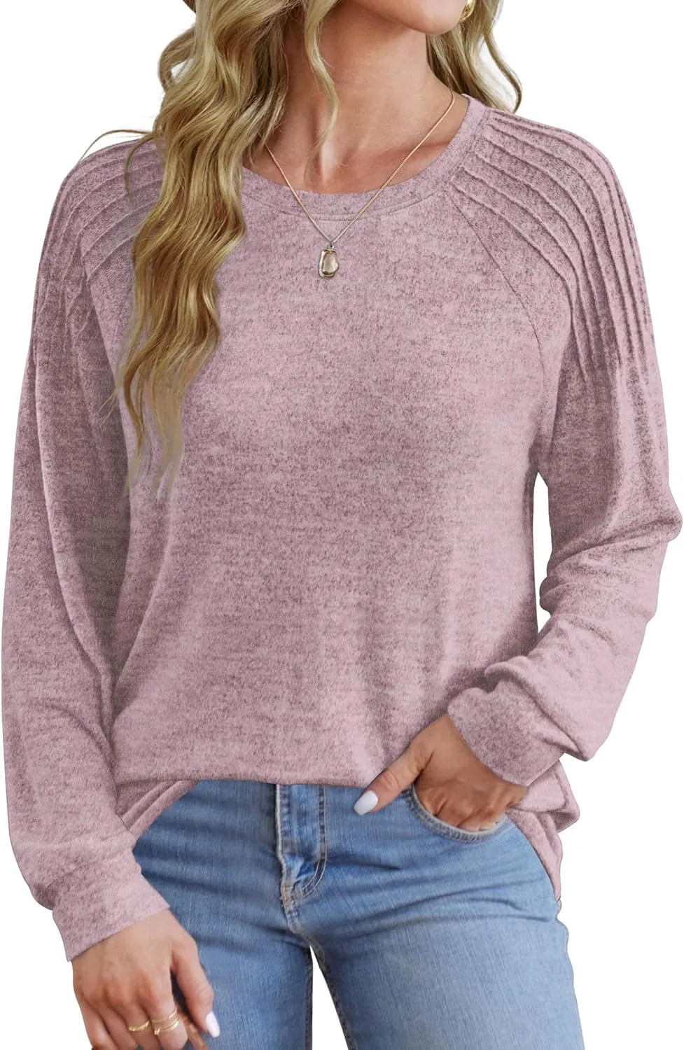 Sweatshirt for Women Crewneck Pleated Long Sleeve Shirts Tunic Tops Fashion 2024