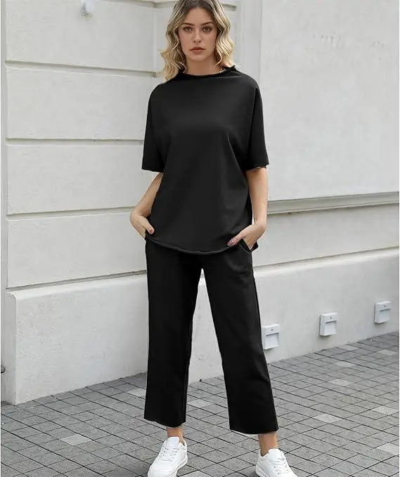 Women’s 2-Piece Lounge Set, Batwing Sleeve Pullover Top & Wide Leg Pants, Travel Outfit