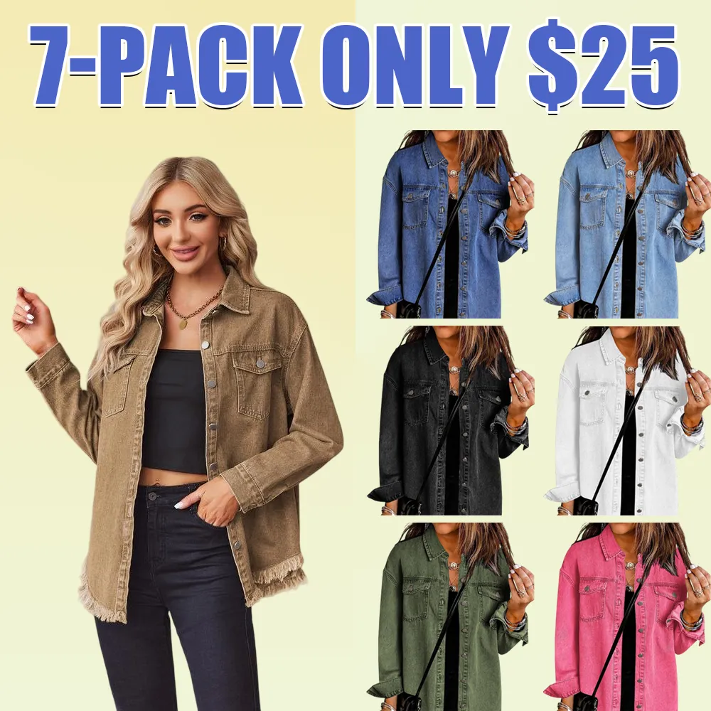 Jean Jackets for Women Ripped Fringe Denim Jean Jacket Casual Long Sleeve Pockets Jackets