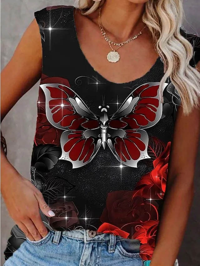 Women's Tank Top Graphic Butterfly Print Casual Basic Sleeveless V Neck Red