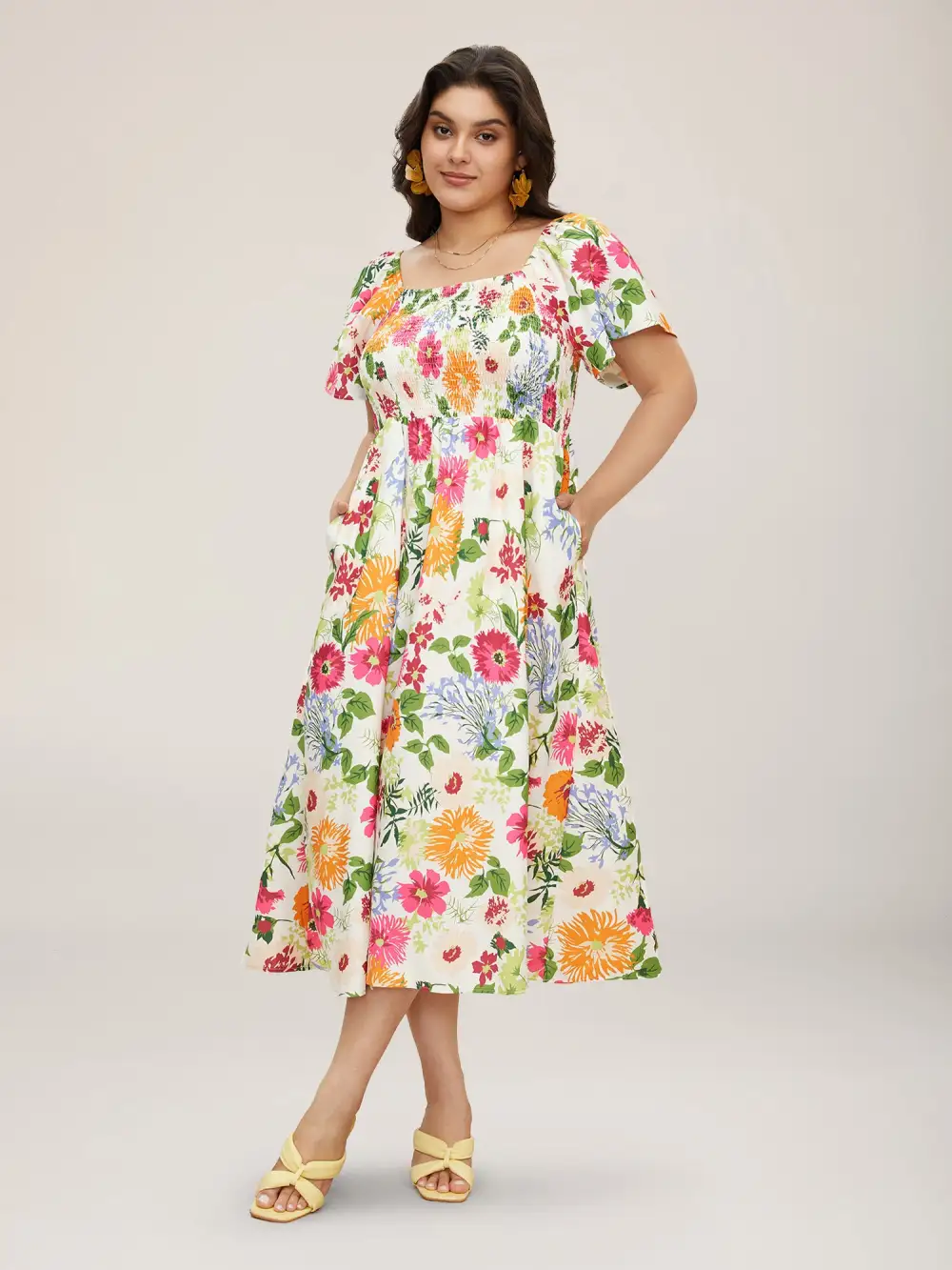 Floral Shirred Square Neck Pocket Midi Dress