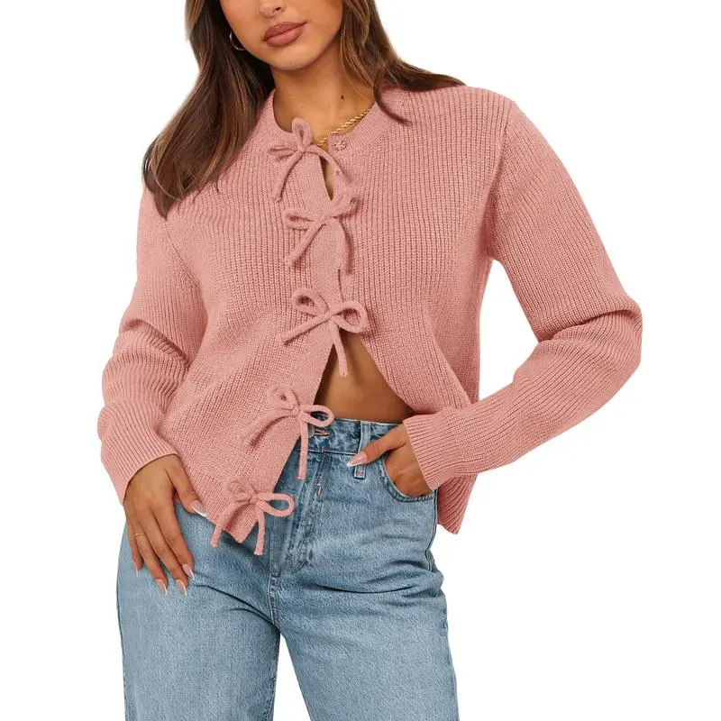 Cardigan Sweaters for Women Trendy 2025 Fall Open Front Long Sleeve Button Down Bow Knot Cropped Lady Jacket