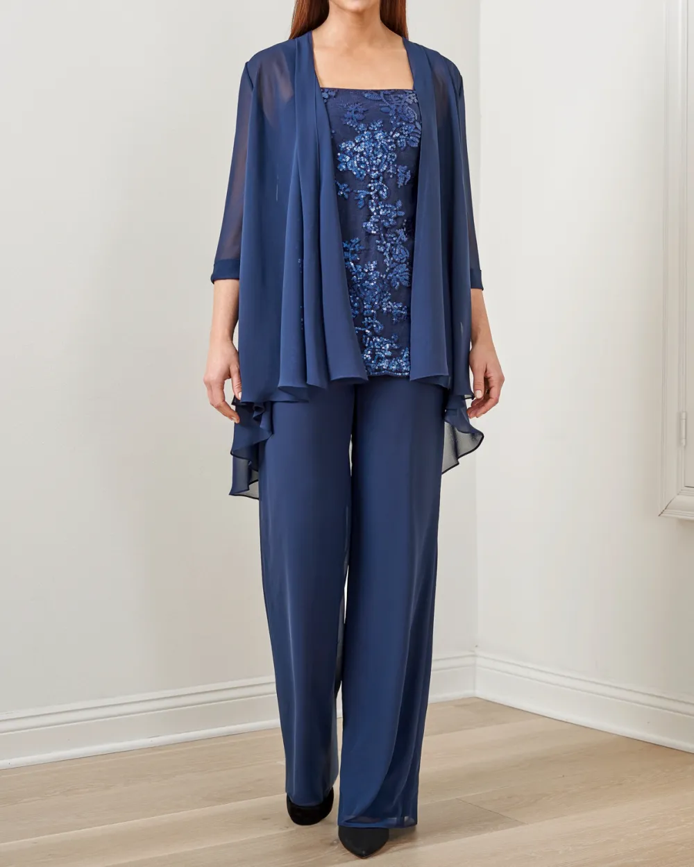 Suit Sequined Chiffon Embroidered Top + Chiffon Long Pants