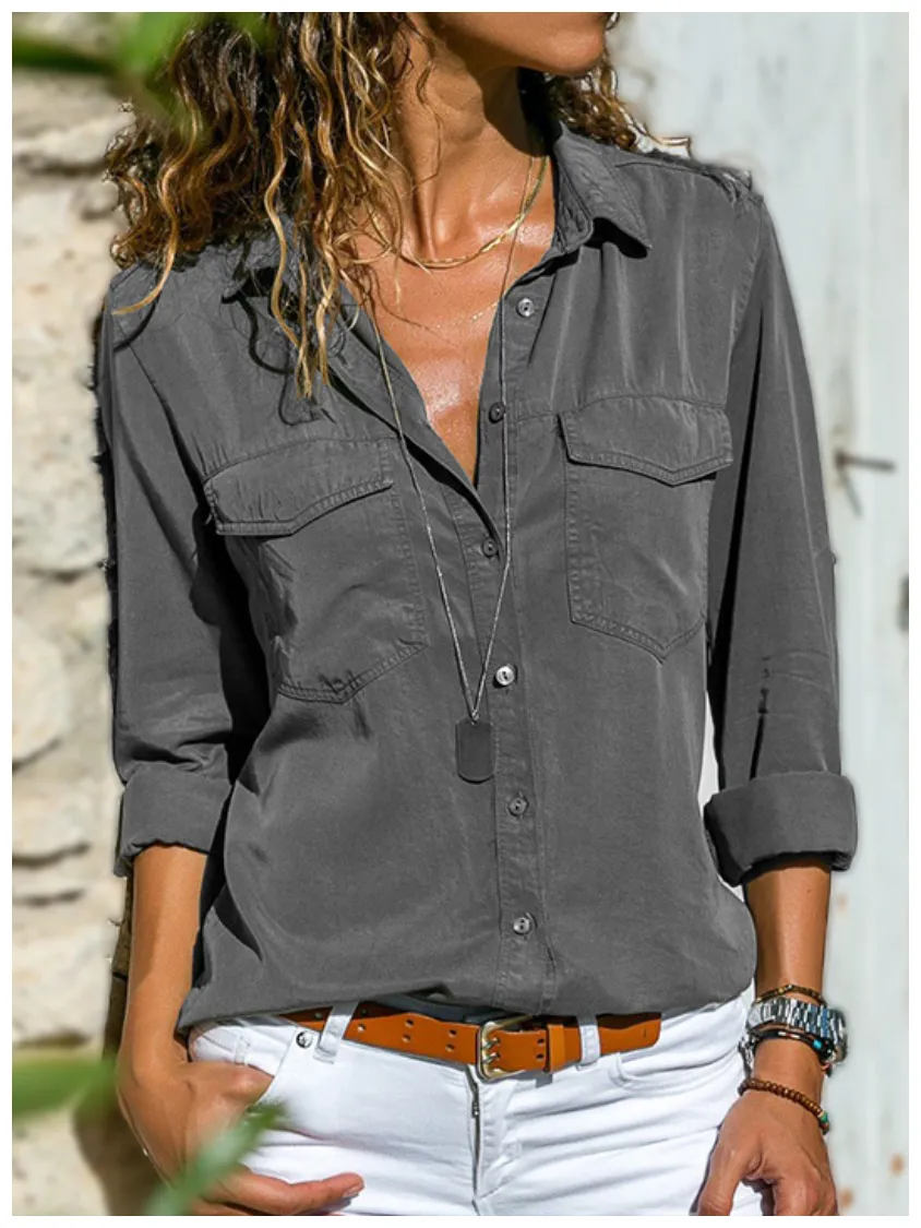 Plain Buttoned Pockets Casual Long Sleeve Shirt
