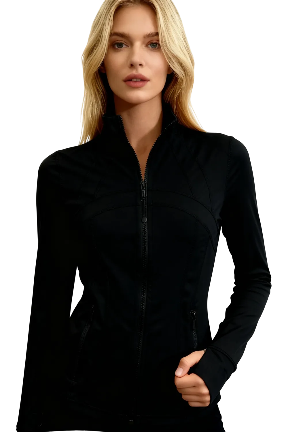 Women's long-sleeved, full-zip design, sun-protective sportswear.