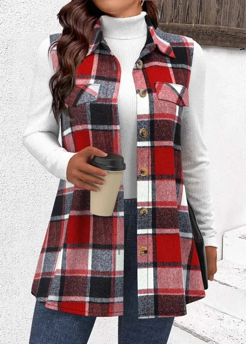 Dark Camel Patchwork Plaid Sleeveless Shirt Collar Waistcoat