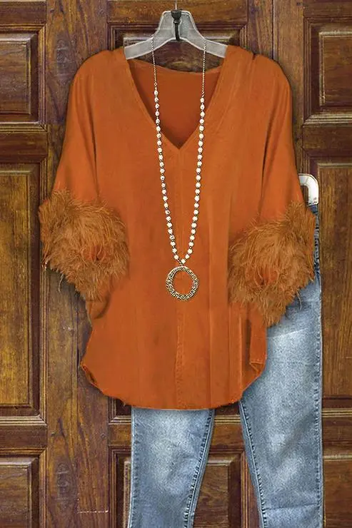 Solid Velvet Feather Design V-Neck Top