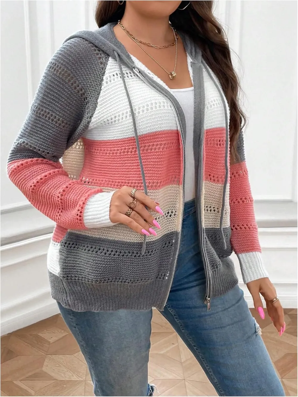Women's Colorblock Zip Up Hoodie Jacket Long Sleeve Drawstring Hooded Cardigan Coat