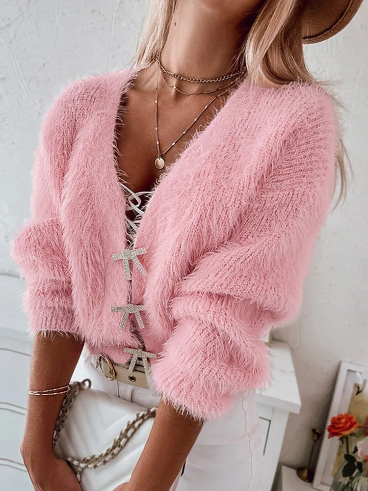 Fuzzy Bowknot Pattern Knit Cardigan
