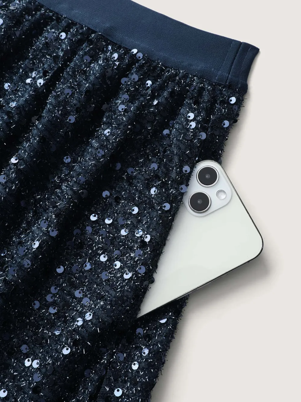 Shimmery Sequin Shirred Waist Midi Skirt