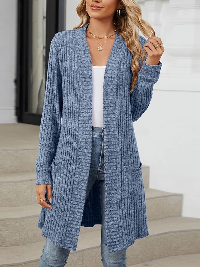 Women's Cardigan Open Front Knit Polyester Pocket Spring Fall Regular Daily Daily Long Sleeve Solid Color