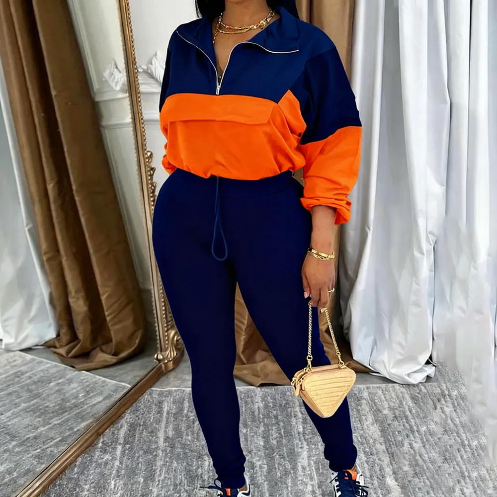 Women's Knit Zip Top Jacket & Elastic Waistband Pant Tracksuit Sets 2-Piece