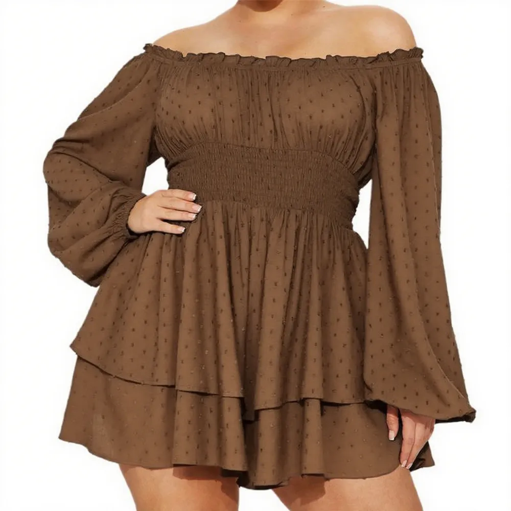 Women Plus Size Rompers Playsuits, Swiss Dot Boat Neck Off Shoulder Long Sleeve, Spring Fall Short Jumpsuits Streetwear