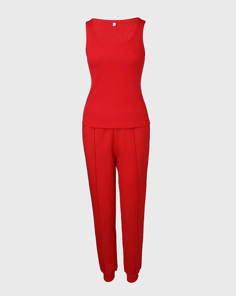 3 Piece Outfits Matching Sets Striped Tape Patch Tank Tops Button Front Jacket Cuffed Pants with Pockets Tracksuit