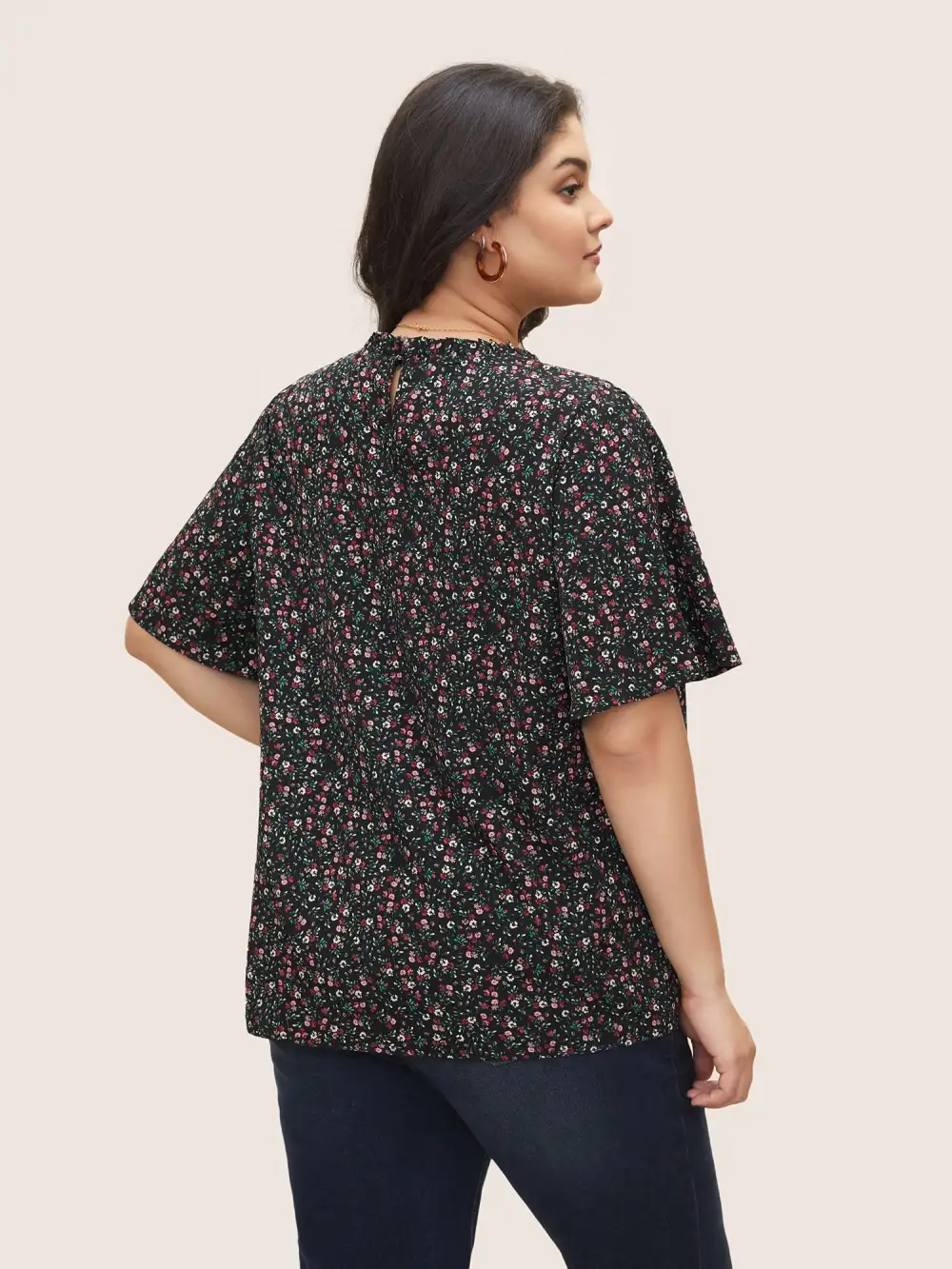 Ditsy Floral Plicated Detail Frill Trim Blouse