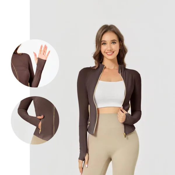 Women’s Solid Zip-Up Sports Jacket: Gold Zipper, Pockets, Lightweight (Yoga/Tennis/Gym/Pickleball)