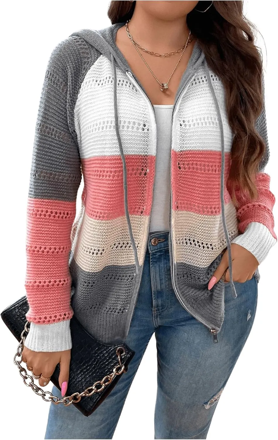Women's Colorblock Zip Up Hoodie Jacket Long Sleeve Drawstring Hooded Cardigan Coat