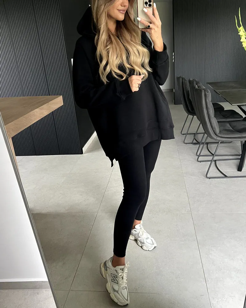 Slit hoodie pencil pants two piece set