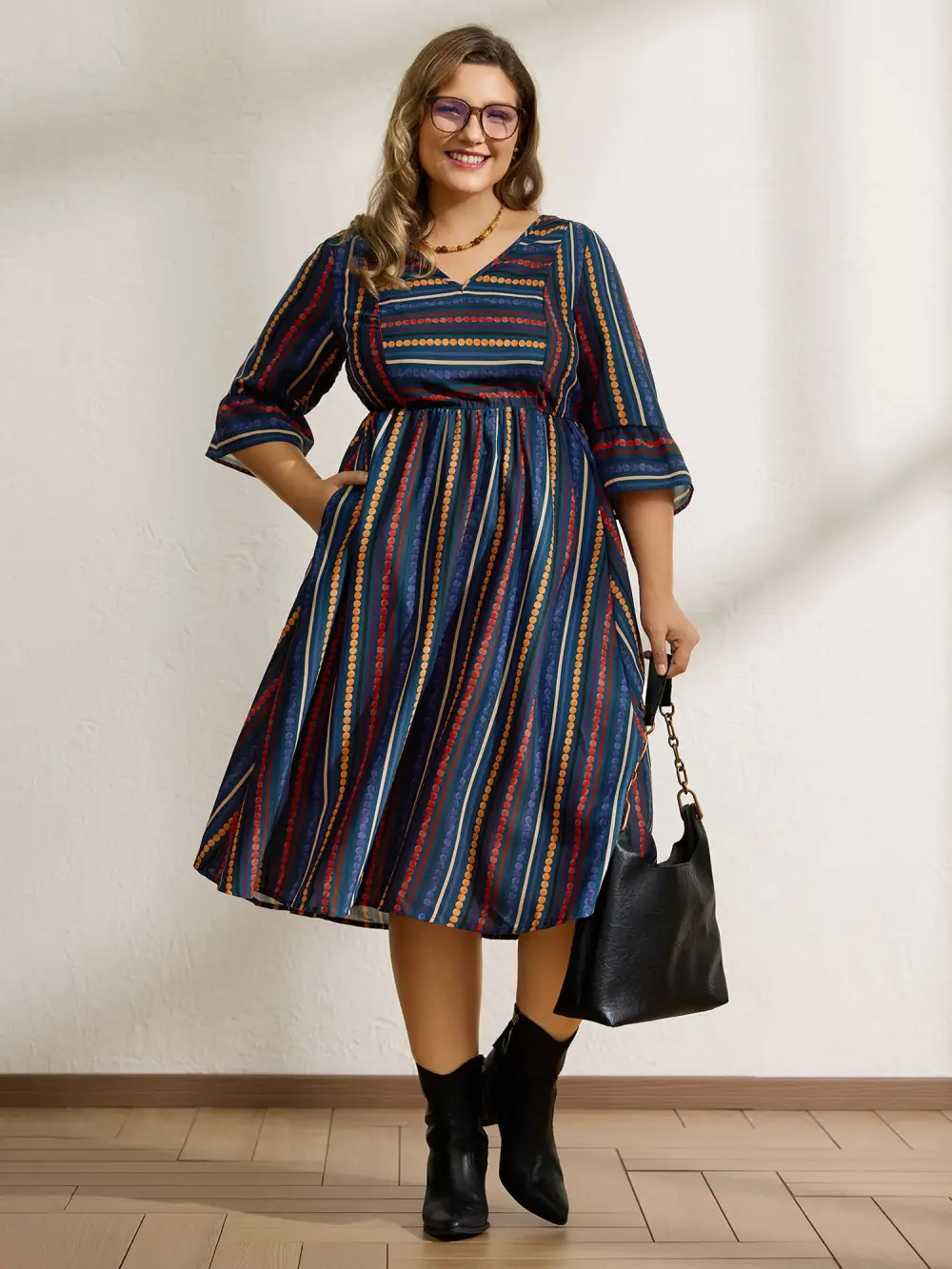 Colorful Stripes Stretchy Waist Midi Dress