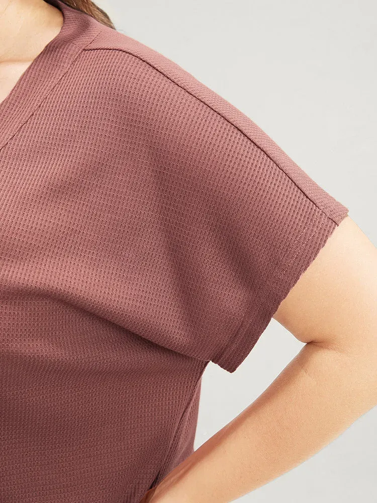 Solid Dolman Sleeve Button Detail Waffle Knit T-shirt