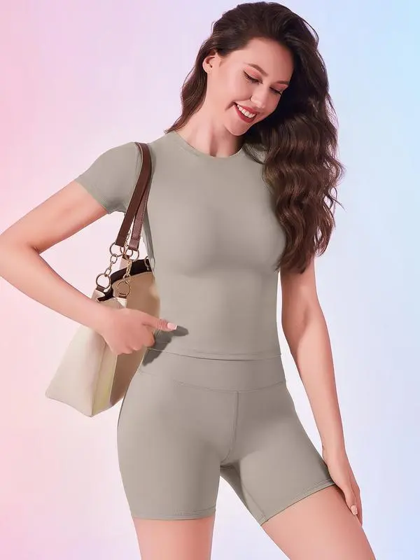 Women's Seamless 2-Piece Workout Set – Short Sleeve Top & High Waist Biker Shorts