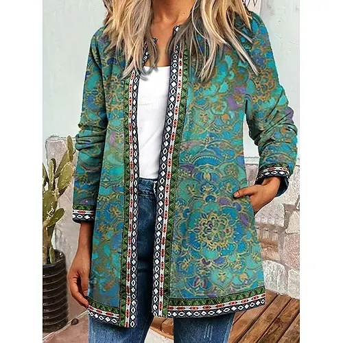 Women's Casual Lightweight Coat Open Front Work Print Geometric Comfortable Boho Vintage Regular Fit Long Sleeve With Pocket Outerwear Long Sleeve Fall Lake blue S