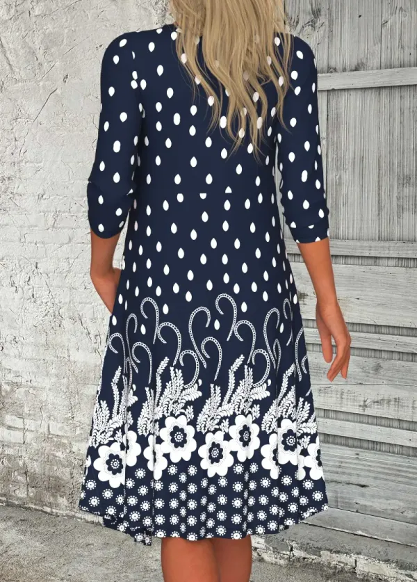 Navy Button Floral Print A Line 3/4 Sleeve Dress