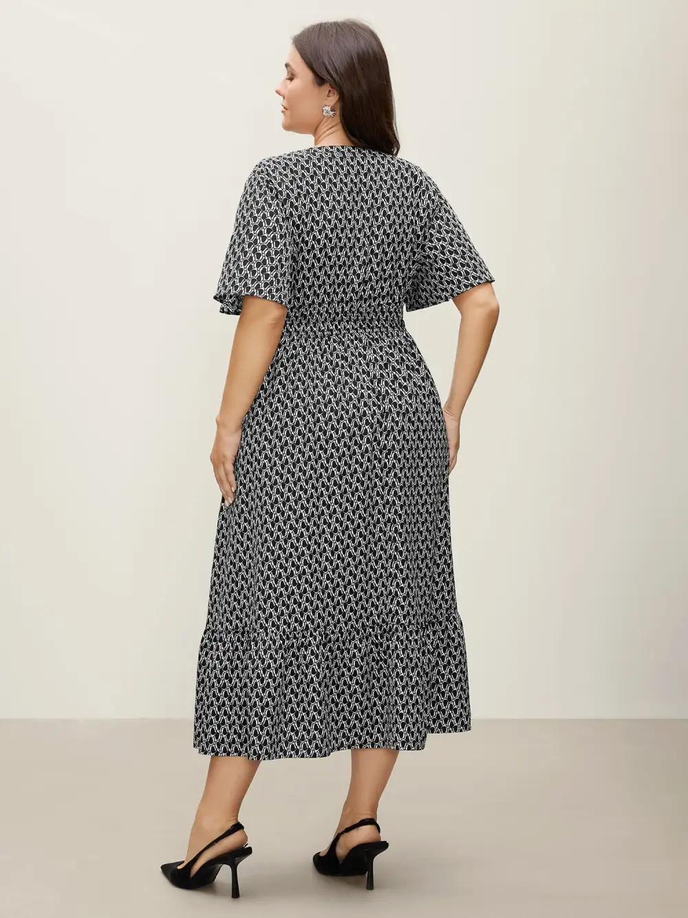 Geometric Print Waist-Cinched Tiered Midi Dress
