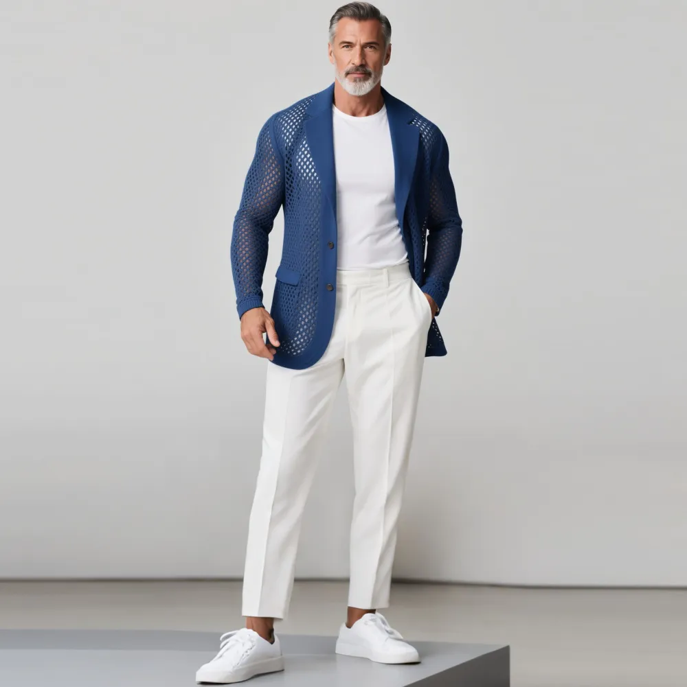 Men's Hollow Mesh  Notch Lapel Two Button Long Sleeve Blazer