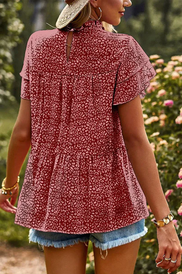Animal Print Ruffle Chiffon T-Shirt