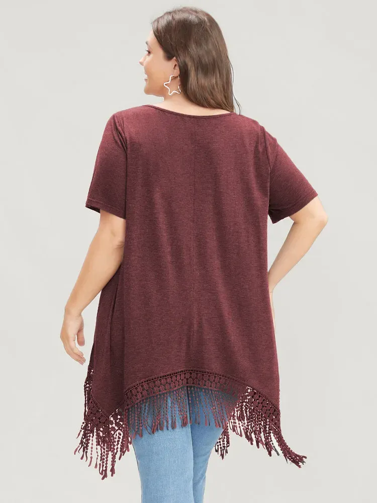 Solid Round Neck Lace Fringe Hem T-shirt