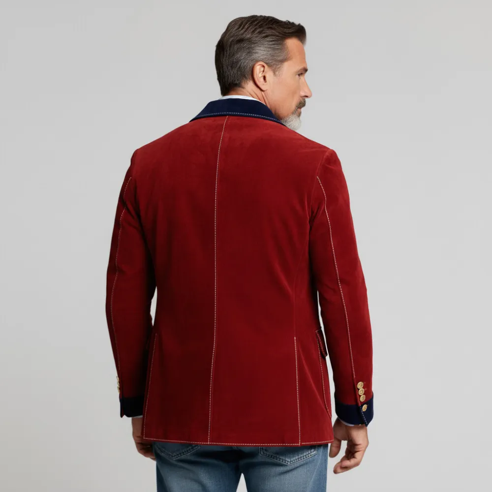 Men's Burgundy Suede Colorblock Peak Lapel Long Sleeve Two Button Pockets Blazer