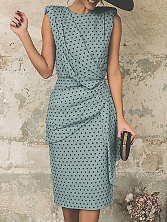 Women's Sheath Dress Knee Length Dress White Pink Red Light Blue Sleeveless Polka Dot Print Ruched Spring Summer Round Neck Elegant Casual Vintage Party 2023 S M L XL XXL 3XL / Sexy