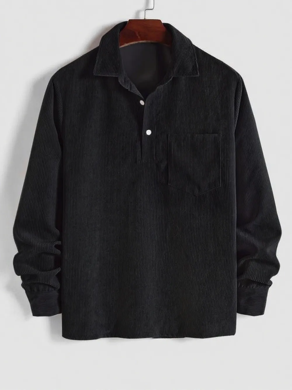 Men's Plain Pocket Half Button Corduroy Shirt, Casual Comfy Regular Fit Long Sleeve Collared Top For Fall & Winter
